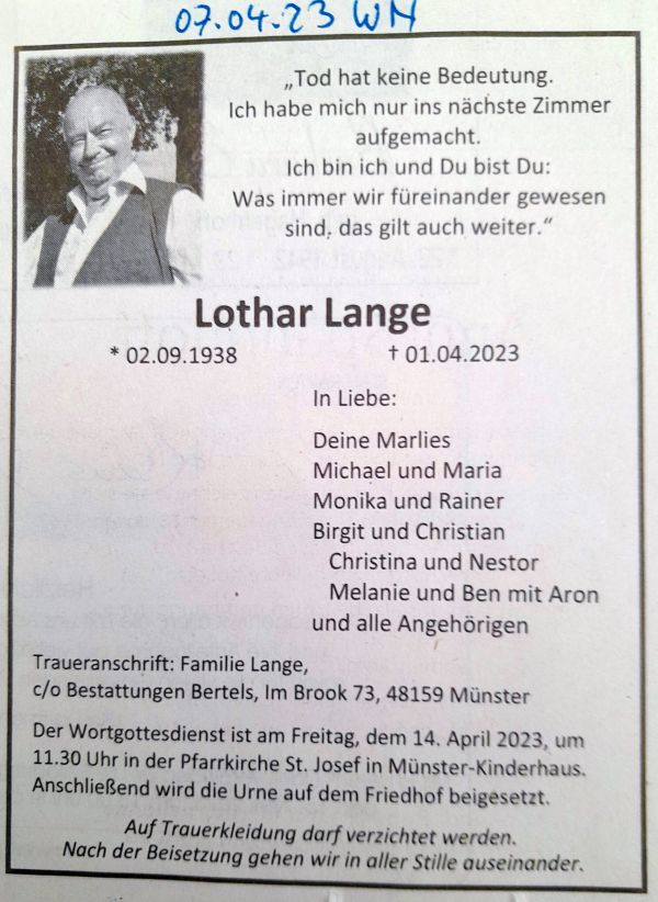 Todesanzeige für Lothar Lange